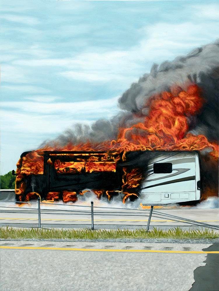 LMerrill_Fire_2024_olio-su-pannello-di-legno_305x229_-Copy Moving Targets: alla S2 - Gallerie Solito prima personale italiana di Lindsay Merrill