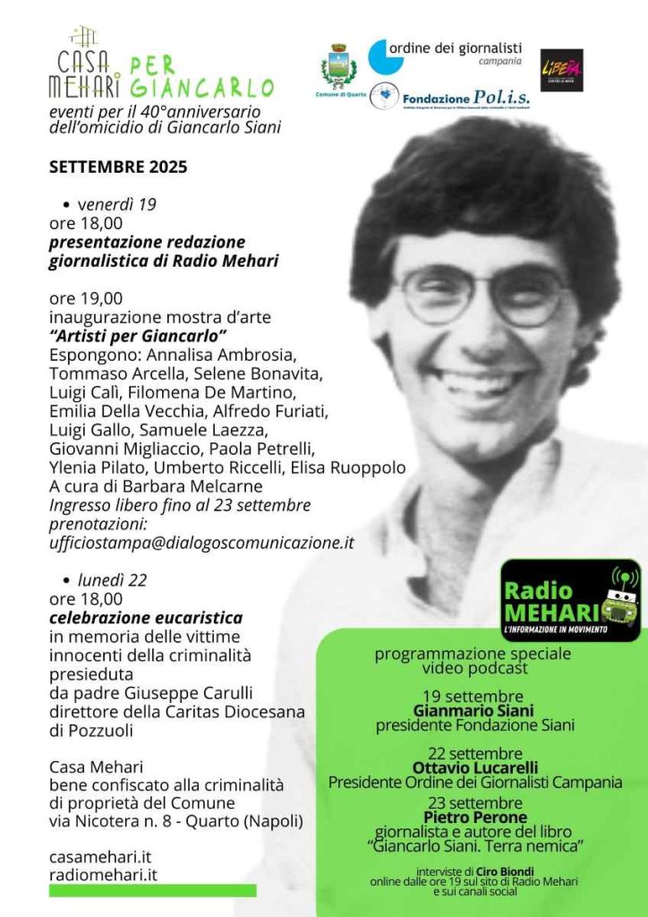 casa-mehari-per-giancarlo-locandina-generale-low-724x1024 Casa Mehari: una mostra e iniziative per ricordare Giancarlo Siani a 40 anni dalla sua scomparsa